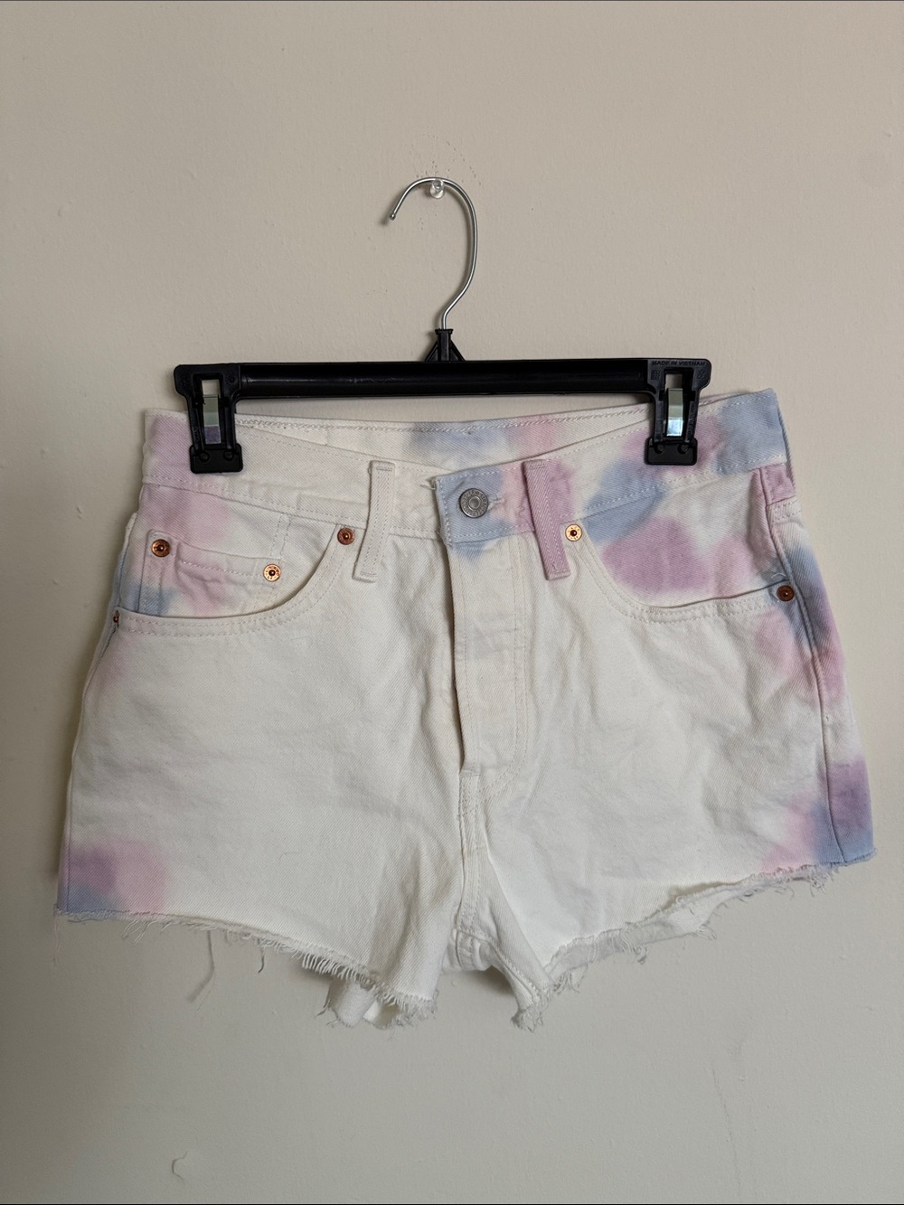 High-Rise White Tie-Dye Pastel Denim Shorts